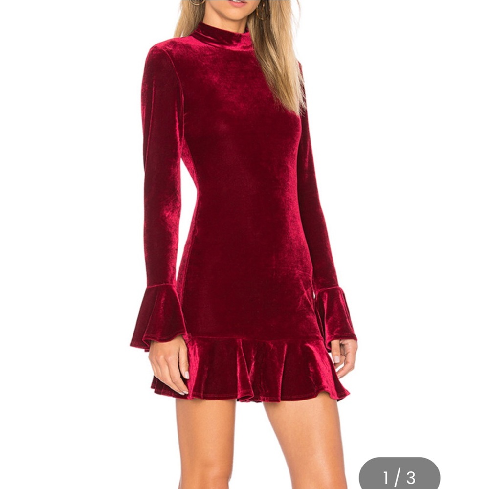 ❤️🎅SZ L Red Velvet Dress Long Sleeve High Neck Ruffle Mini Bell Sleeves